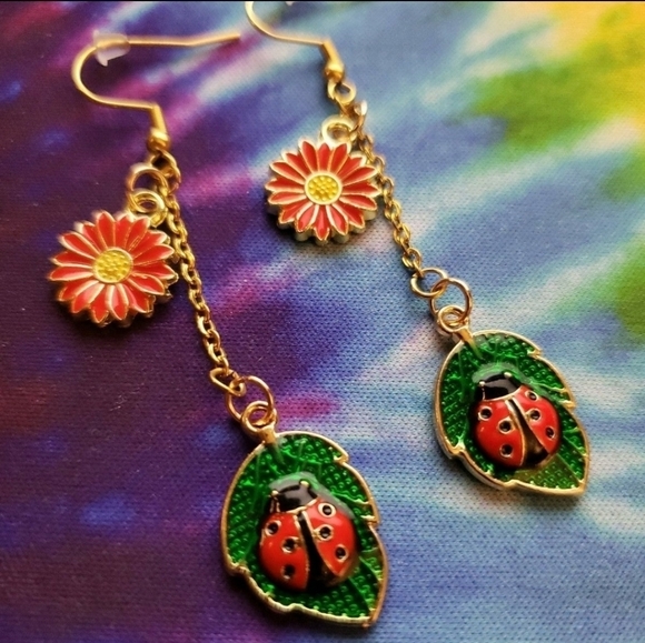 Hand Crafted Jewelry - HANDMADE Dangle Red Flower Ladybug Earrings